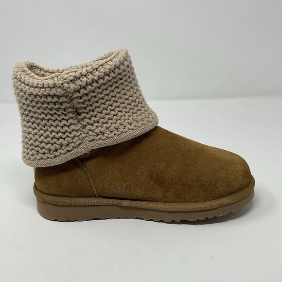 UGG Darrah Girls Sweater Knit Chestnut Suede Sheepskin Foldover Button 5 Kids - Picture 5 of 16